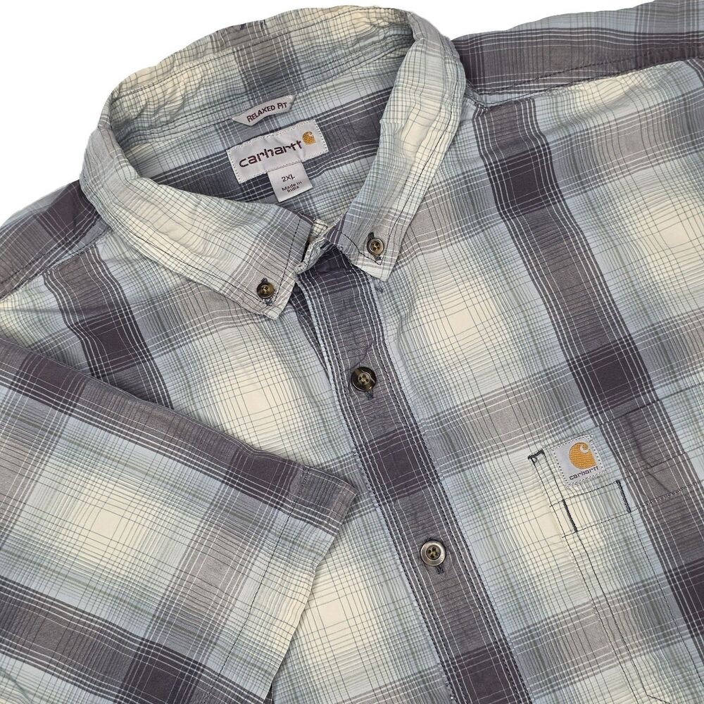 Carhartt Relaxed Fit Men's 2XL Plaid Blue Gray SS Button-Down Pockets 104174 BLS